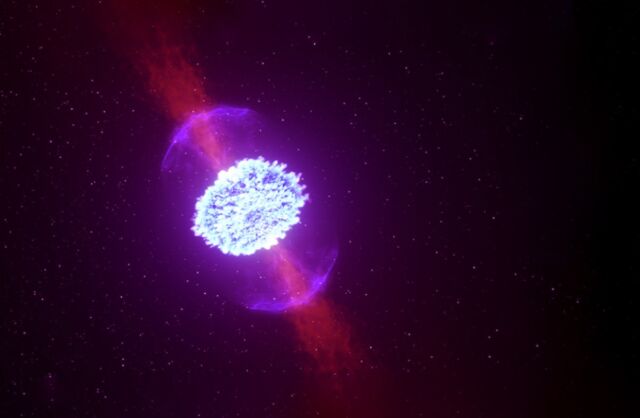 Wenn Neutronensterne verschmelzen, können sie radioaktive Auswürfe erzeugen, die ein Kilonova-Signal antreiben.  Ein kürzlich beobachteter Gammastrahlenausbruch deutete auf ein zuvor unentdecktes hybrides Ereignis hin, an dem eine Kilonova beteiligt war.